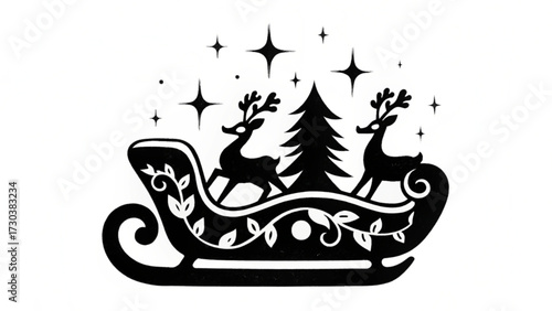 A black and white silhouette of a christmas sleigh with reindeer and a tree under sparkling stars