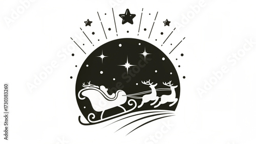 A christmas silhouette featuring santa in a sleigh pulled by reindeer under a starry night sky scene