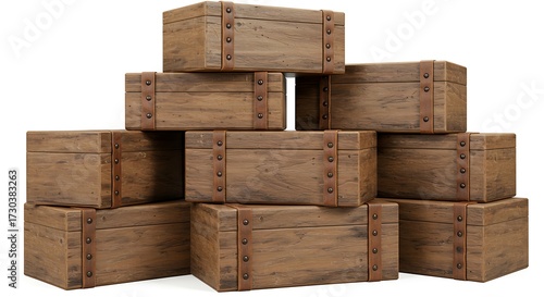 A stack of wooden boxes of various sizes, with a rustic finish and details of wooden strips and rivets, arranged irregularly on a white background.