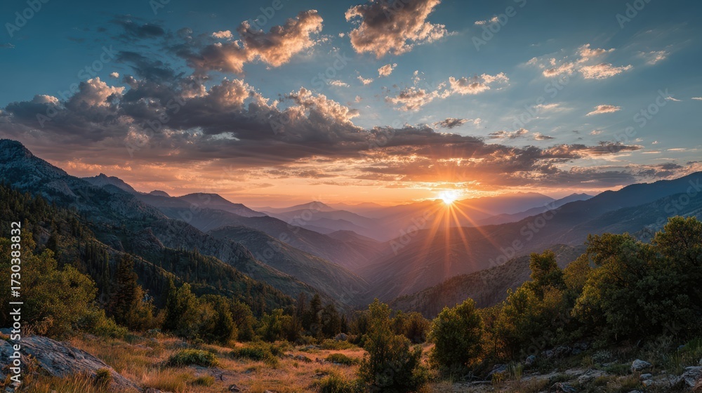 Obraz premium A breathtaking sunset over mountains, casting golden rays across valleys and illuminating the tranquil scenery.