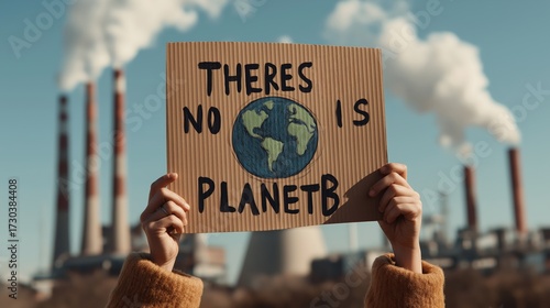 A person holds a sign reading 