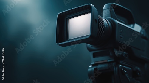 A close-up of a professional video camera lens, showcasing its intricate design against a softly lit background.