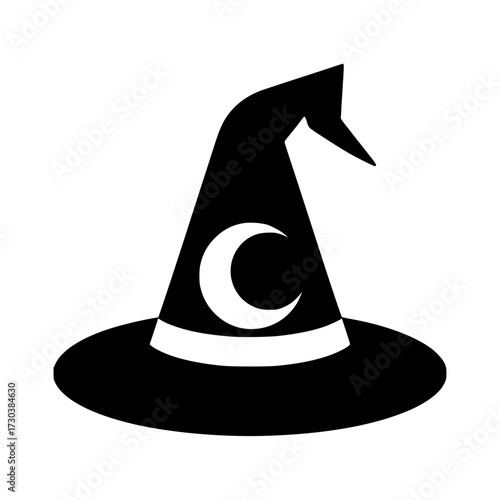Mystical black witch hat with crescent moon emblem evokes magic and Halloween enchantment