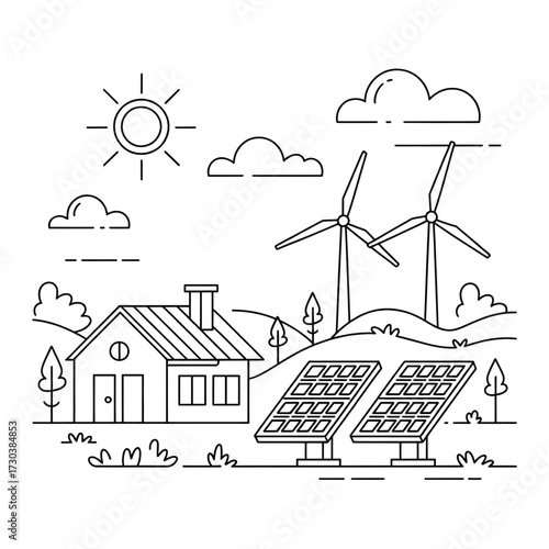 Line Art of Eco-Friendly Solar Panels, Wind Turbines, and House - Renewable Energy, Sustainability, and Green Technology Illustration Line art