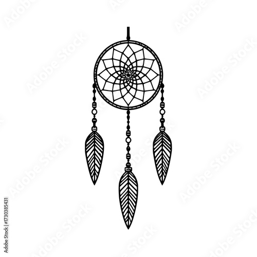 Elegant dream catcher with intricate web and dangling feathers offers peaceful slumber and spiritual protection.