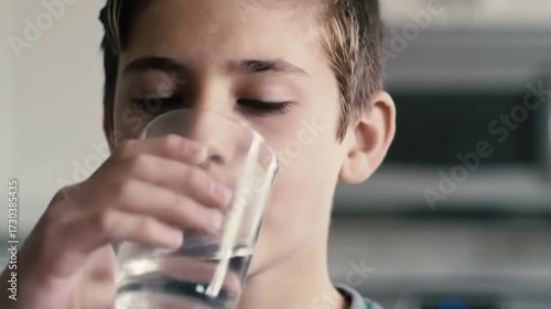 Boy with closed eyes drinking from a transparent glass filled with water, set against a bright blurred background