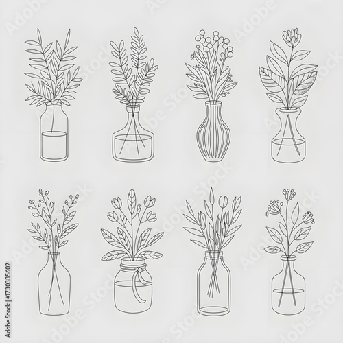 Line Art of Various Potted Plant and Botanical Illustrations - Indoor Garden, Nature, and Home Decor Coloring page