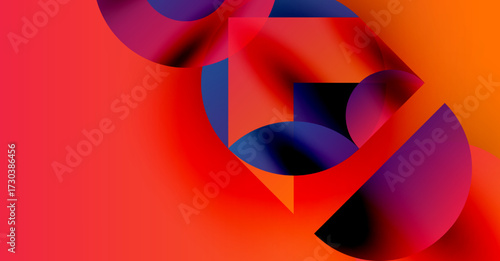 Abstract shapes blend, creating vibrant gradients. Red, orange, purple hues dominate composition. Modern design, dynamic energy.