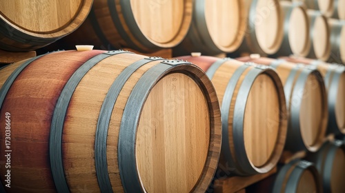 A row of wooden barrels stacked together, showcasing their natural grain and metal bands, typically used for aging beverages like wine or whiskey.