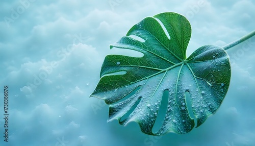 Stunning frosted Monstera leaf glistens with delicate ice crystals against a soft, ethereal blue backdrop, evoking winter's serene beauty and nature's resilience.