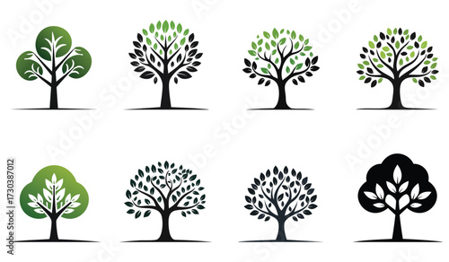 Collection of eight stylized tree icons in green and black with white backgrounds