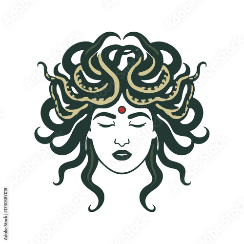 Medusa's serene face with snakes, closed eyes, and red bindi, evoking myth and mystique