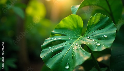 Stunning green monstera leaf glistens with fresh dew drops in warm morning sunlight, showcasing vibrant nature's beauty and tranquility.
