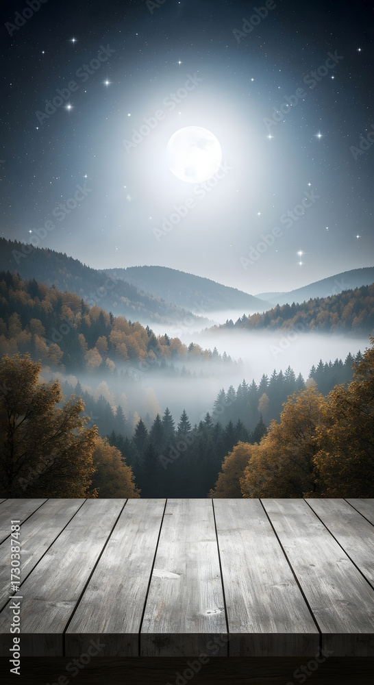 custom made wallpaper toronto digitalA glowing full moon above misty autumn hills seen from a wooden deck