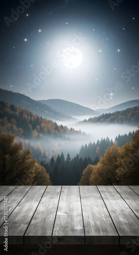 Wallpaper Mural A glowing full moon above misty autumn hills seen from a wooden deck Torontodigital.ca