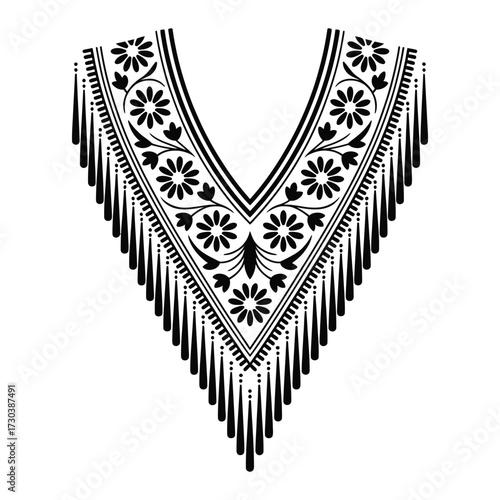 Black v-neck embroidery pattern with floral motifs and fringes, ornamental textile design element, fashion adornment vector
