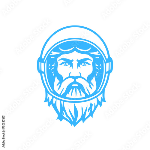 Brave cosmic explorer icon, a vintage astronaut with a beard ready for space travel adventure