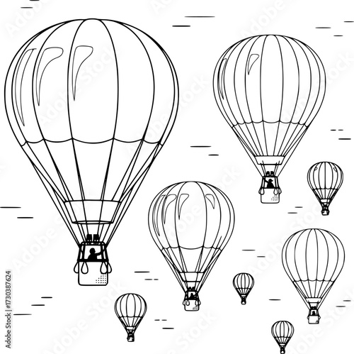 Dreamscape balloons in the sky. Black and white linear drawing. EPS version.