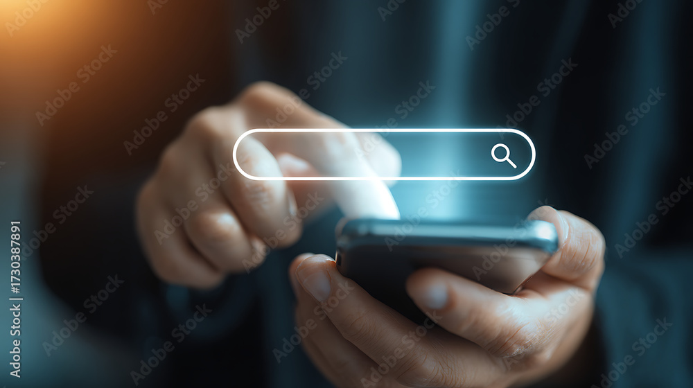 Obraz premium Close Up Of Fingers Typing Into Smartphone Search Bar With Bright Light Effect searching internet