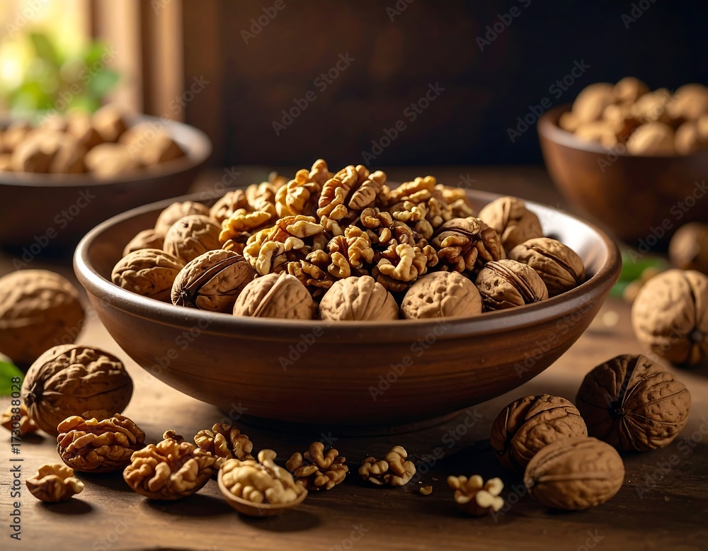 Fototapeta premium Walnuts in a rustic bowl