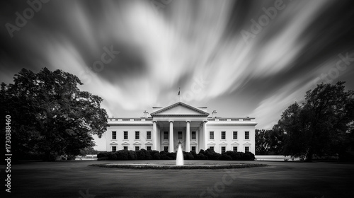 Historic architectural photo of the white house in washington d.C. Against a dramatic sky black and white photography