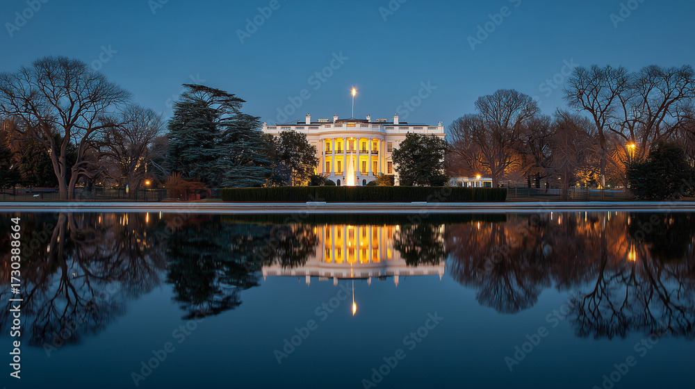 Naklejka premium Evening reflection of the white house washington d.C. Architectural photography calm waters panoramic view government icon