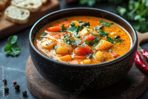 Bowl of soup with potatoes and carrots.