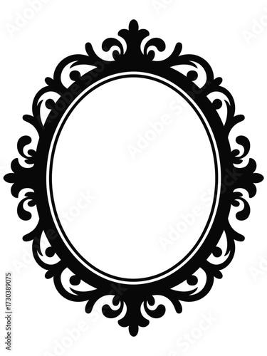 Ornate oval frame, black decorative border, elegant scrollwork design, vintage portrait frame, intricate graphic element