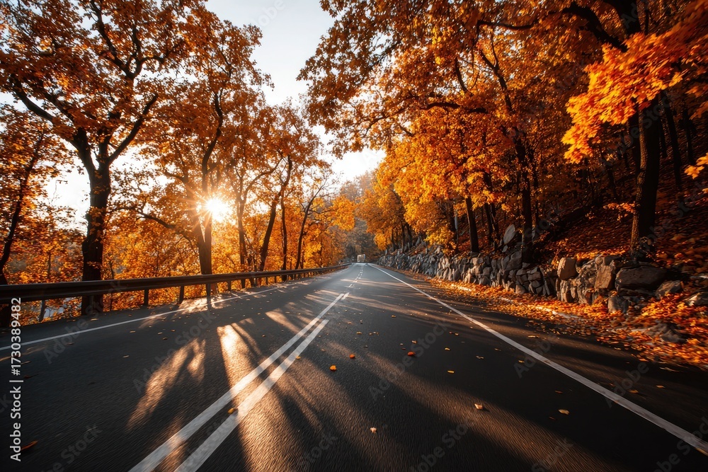Fototapeta premium Autumn road through golden trees