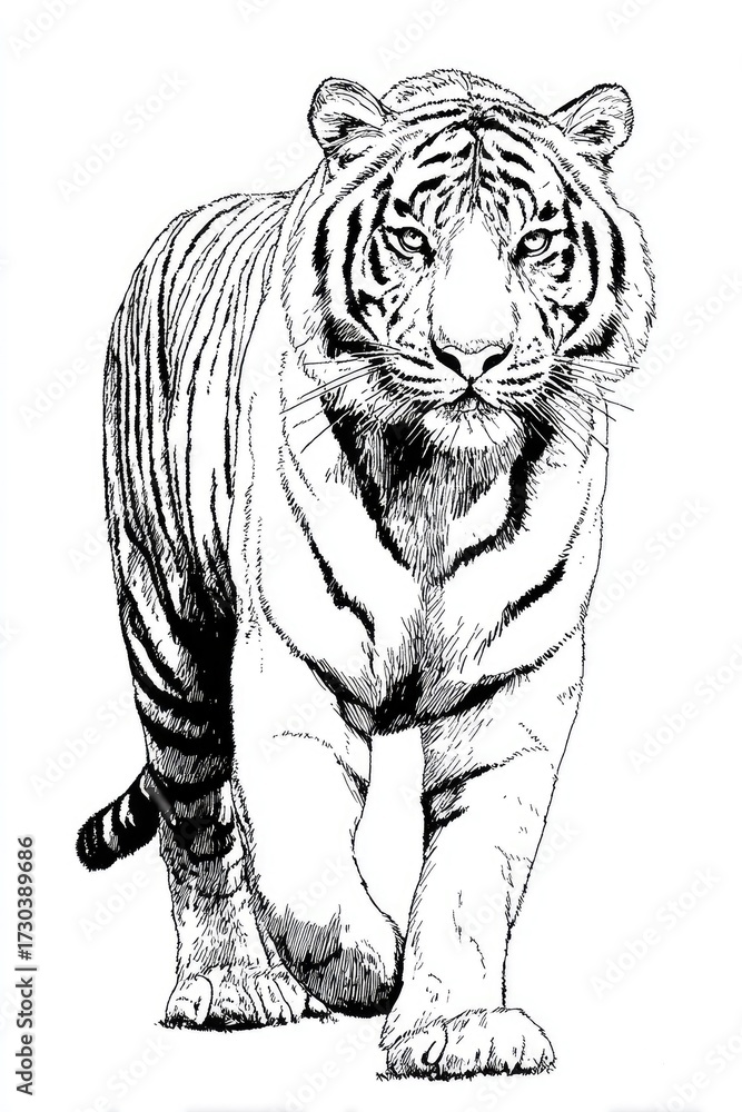 Obraz premium Detailed pen and ink illustration of a walking tiger with striking features