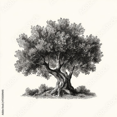 Detailed monochrome illustration of a large olive tree with lush foliage