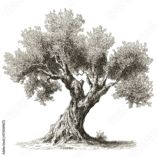Detailed monochrome illustration of an ancient olive tree against a white background