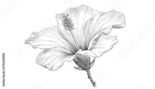 Detailed pencil sketch of a hibiscus flower isolated on white background