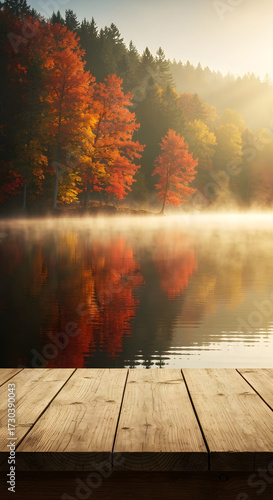 Wallpaper Mural A still autumn forest reflected in a calm lake viewed from a wooden deck Torontodigital.ca
