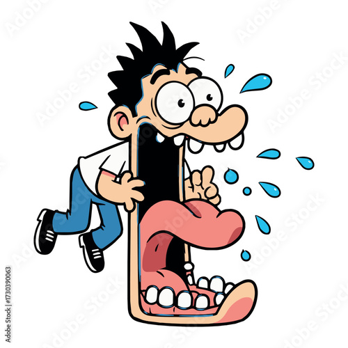 Comical illustration of an astonished man with an unbelievably wide-open mouth and exaggerated expression of shock