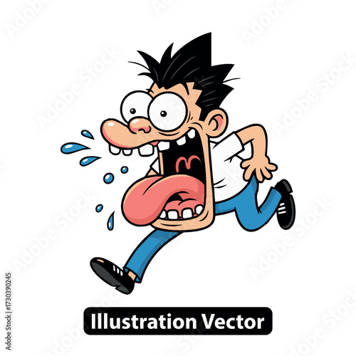 Screaming cartoon man running in panic with an exaggerated expression of fear and shock