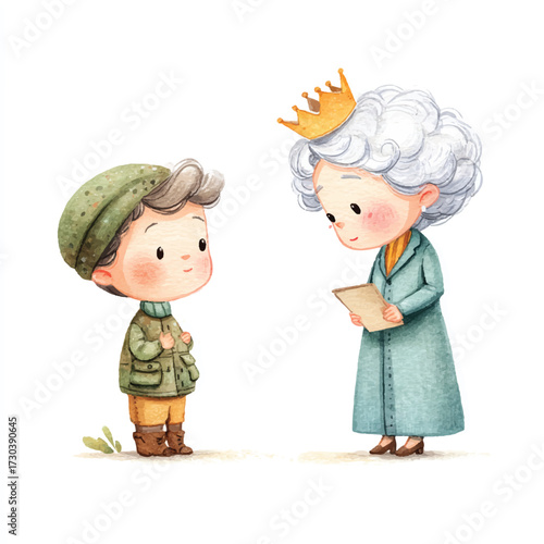 A boy and a queen in a whimsical illustration.