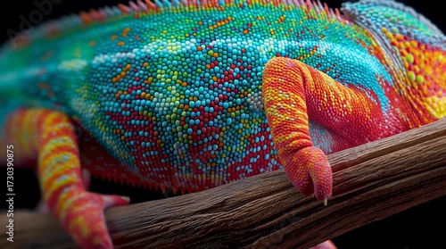 A colorful chameleon resting on a branch, showcasing its vibrant patterns and textures.