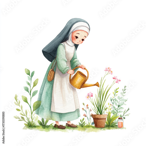 A gentle nun watering plants in a garden with a watering can.