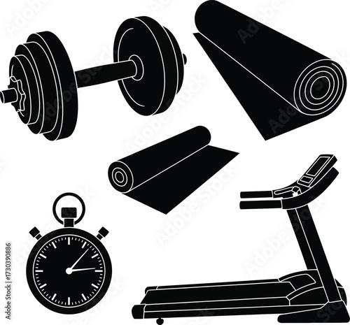 Vector art of fitness equipment and accessories in silhouette