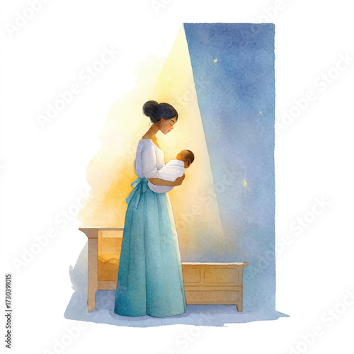 A loving mother tenderly holds her newborn baby in a watercolor illustration.
