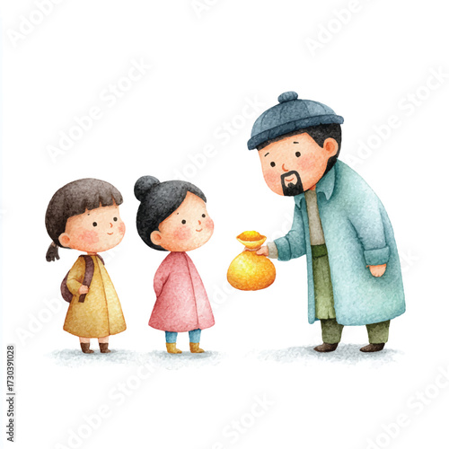 A man in a coat gives a small bag to two young girls.