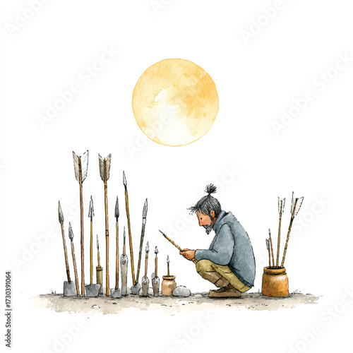 A person crafting arrows under the moonlight, a scene of ancient artistry and dedication.