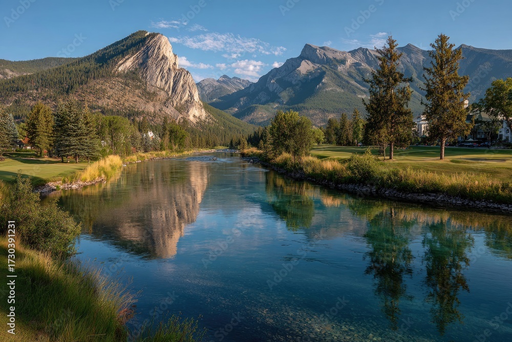 Obraz premium Serene mountain river reflects a clear sky