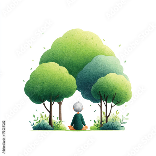 A solitary person meditating peacefully under a grove of lush green trees.