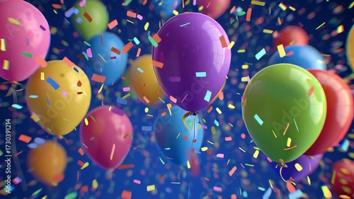 Colorful Balloons Float Above in a Festive Celebration Atmosphere With Sparkling Confetti Falling