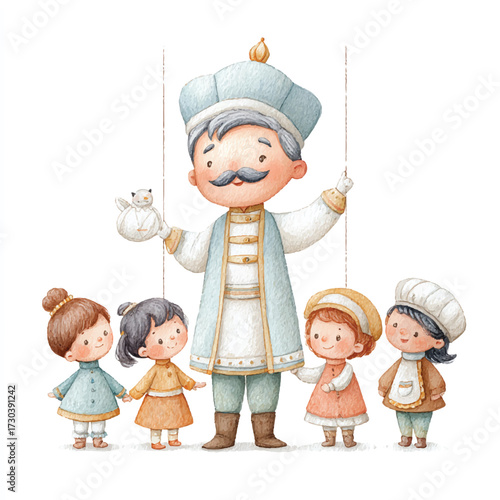 A whimsical puppet master with children gathered around him.