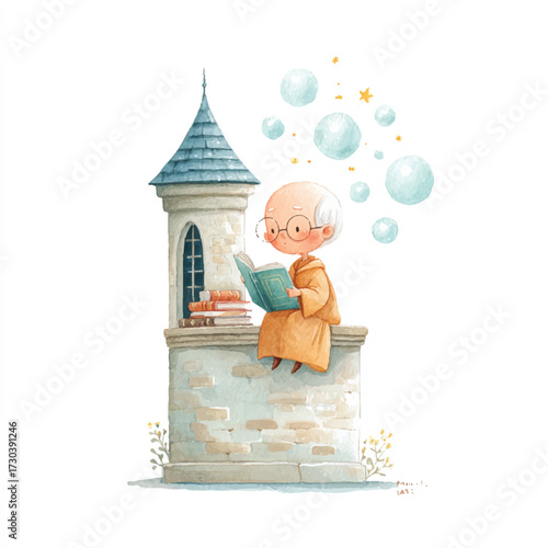 A whimsical illustration of a child reading a book atop a tower.