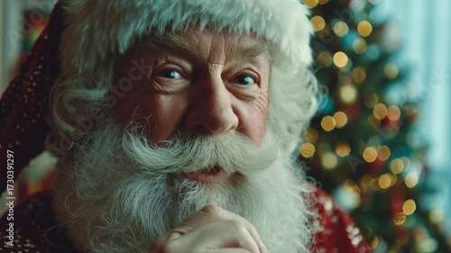 Santa Claus Quietly Listens by a Christmas Tree During the Holiday Season