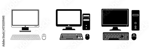 Three computer setups with monitors keyboards and mice
